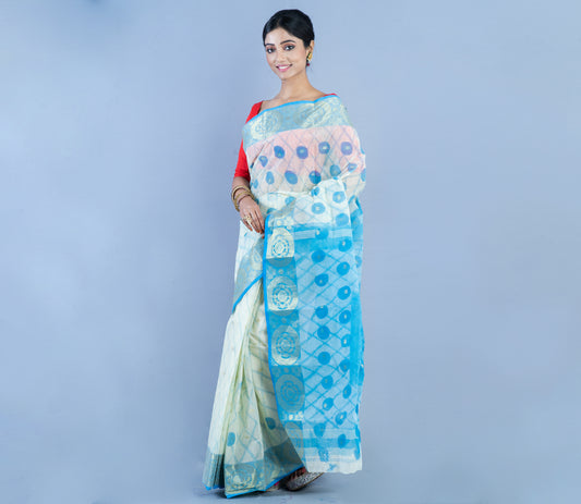 Handloom Tant Saree With Work - White & Sky Blue - ArtisanSoul