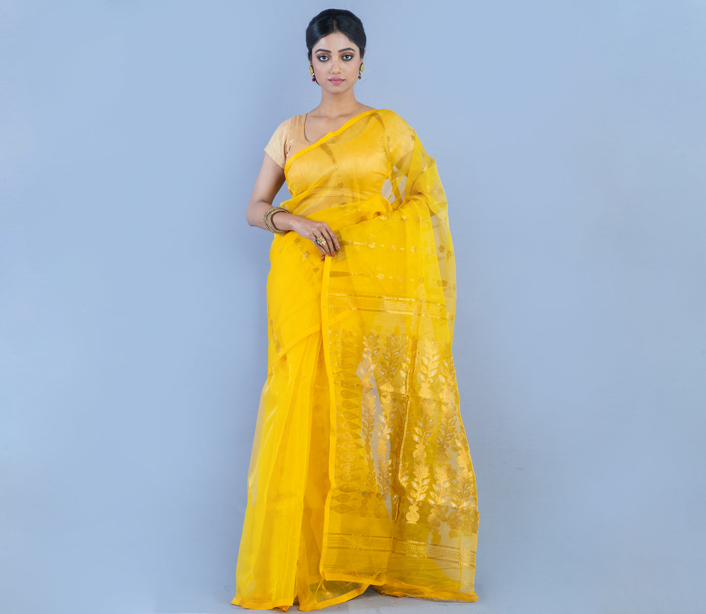 Handloom Muslin Silk Saree - Yellow With Golden Zari - ArtisanSoul