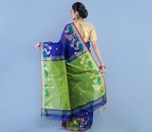 HANDLOOM SAREE WITH WORK ALL OVER THE SAREE - BLUE AND GREEN - ArtisanSoul