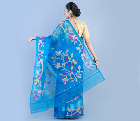 Handloom Muslin Silk Saree With Leaf Design - Sky Blue - ArtisanSoul