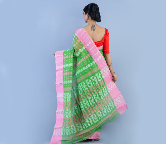 handloom Jamdani Saree - Pink On Green - ArtisanSoul