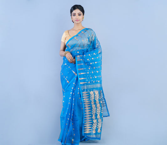 Handloom Muslin Silk Saree White Zari Work - Azure Blue - ArtisanSoul