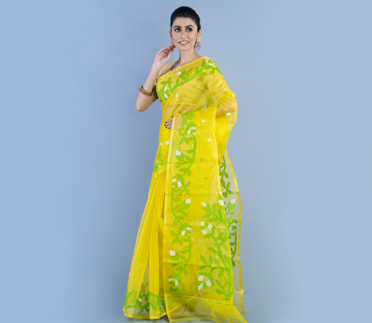 Handloom Muslin Saree - Green Leaf Design On Lemon Yellow - ArtisanSoul