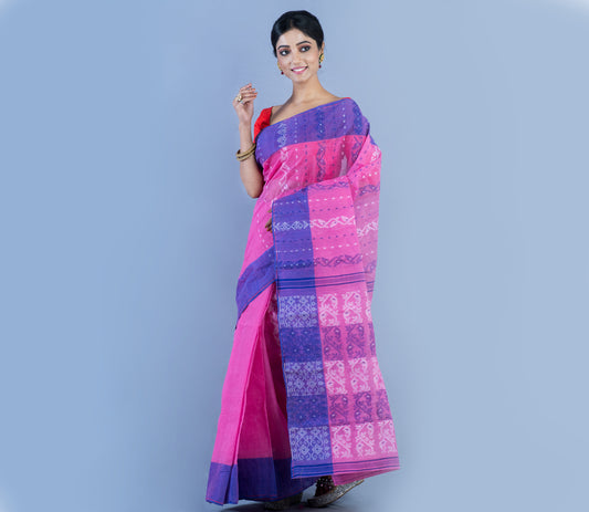 Handloom Jamdani Saree - Blue & White On Pinlk - ArtisanSoul