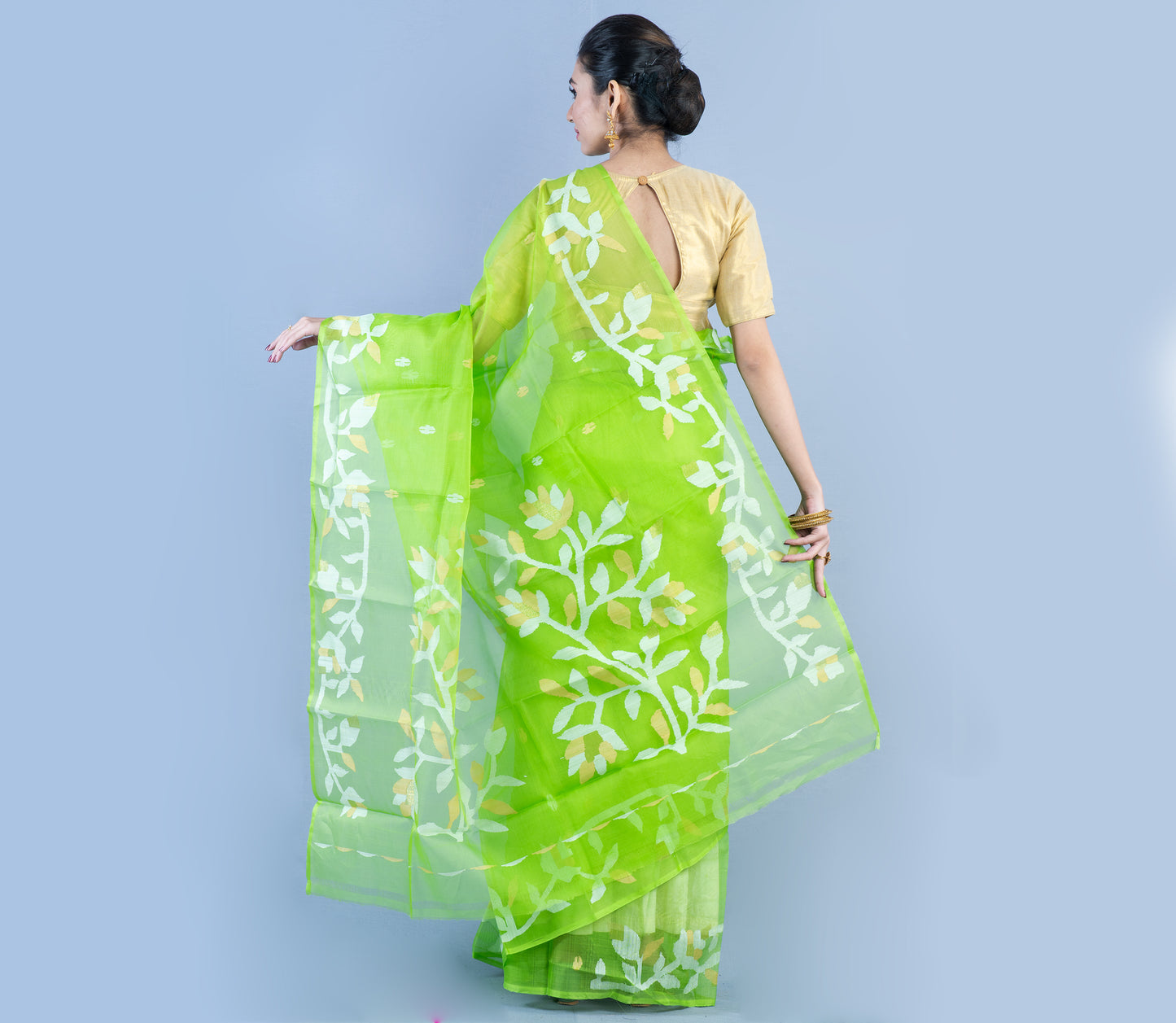 Handloom Muslin Saree - White Zari Work on Light Green - ArtisanSoul