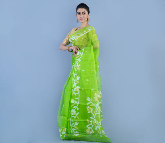 Handloom Muslin Saree - White Zari Work on Light Green - ArtisanSoul