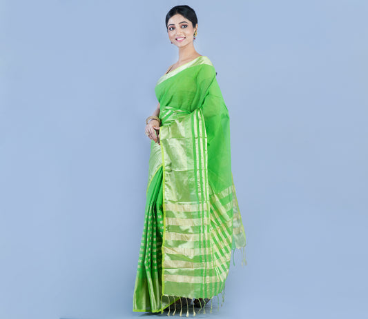 Handloom Tant Saree - Golden Zari on Green - ArtisanSoul