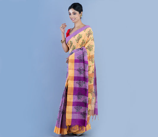Handloom Cotton Printed Saree - Purple & light Brown - ArtisanSoul