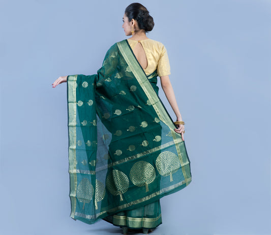 TANT SAREE WITH ZARI WORK - BOTTLE GREEN - ArtisanSoul