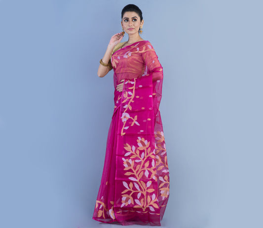 Handloom Muslin Silk Saree - Dark Pink with Leaf Design - ArtisanSoul