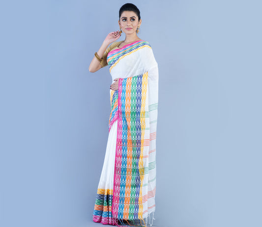 Handloom Cotton Saree - White With Multi Color Fish Design Par - ArtisanSoul