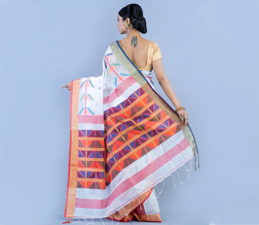 Handloom Linen Saree - White & Multi Color Anchal - ArtisanSoul