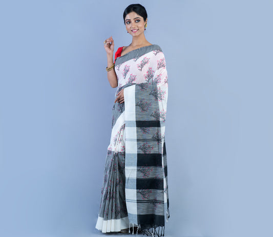 Handloom Cotton Saree - Black & White - ArtisanSoul