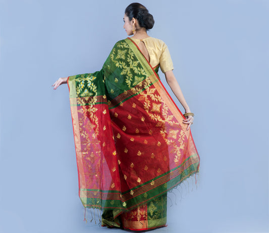 HANDLOOM SAREE WITH MINAE KAJ ALL OVER THE SAREE - GREEN AND MAROON - ArtisanSoul