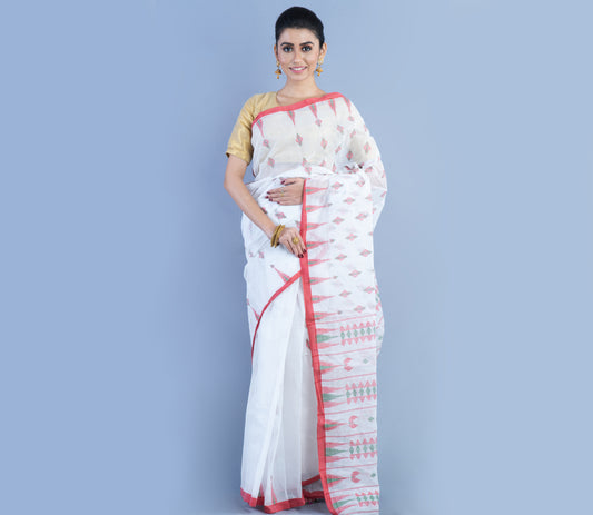 Handloom Saree - Red Work On White - ArtisanSoul