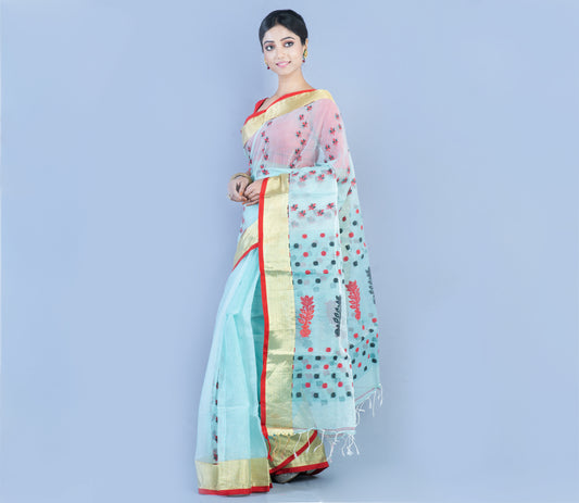 Handloom Kota Saree with Zari Par - Red on Moss Green - ArtisanSoul