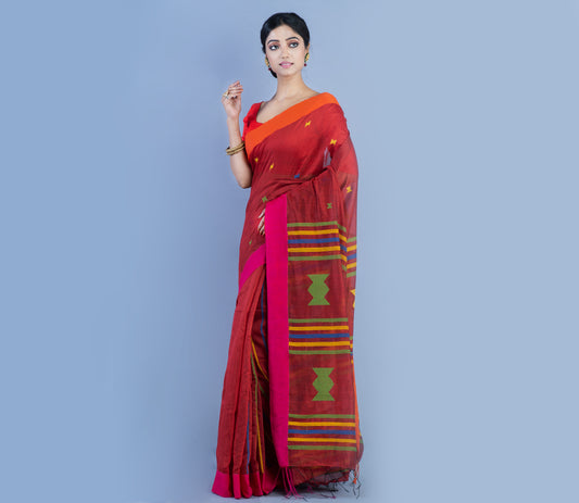 Handloom Saree - Pink and Orange on Maroon - ArtisanSoul