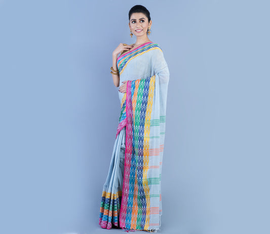 Handloom Saree White Off With Multi Color Fish Design Par - ArtisanSoul