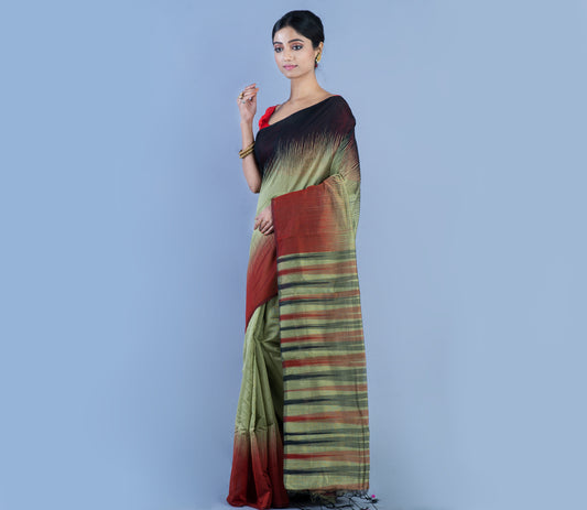 Handloom Ikkat Saree - Black & Maroon On Moss Green - ArtisanSoul