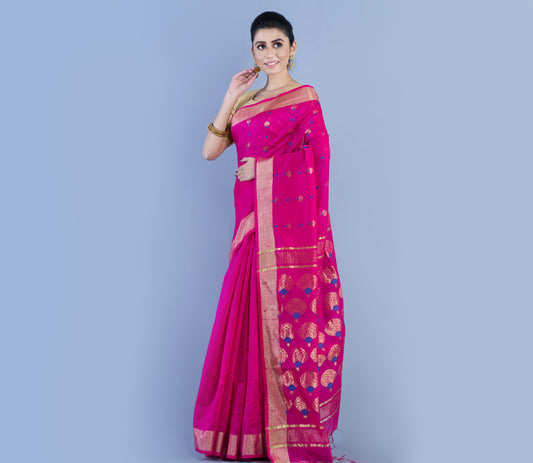 Handloom Tant Saree - Zaro Work On Dark Pink - ArtisanSoul