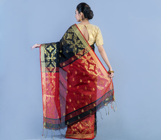 HANDLOOM SAREE WITH WORK ALL OVER THE SAREE - BLACK AND MAROON - ArtisanSoul