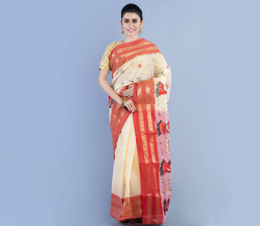Handloom Cotton Saree With Embroidery Work - White & Red - ArtisanSoul