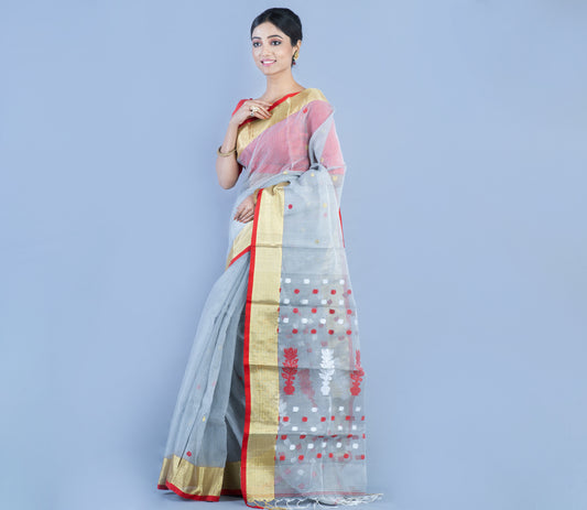 Handloom Kota Saree with Zari Par - Red on Silver - ArtisanSoul