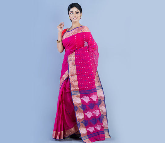 Handloom Jamdani Saree With Zari Work On Dark Pink - ArtisanSoul