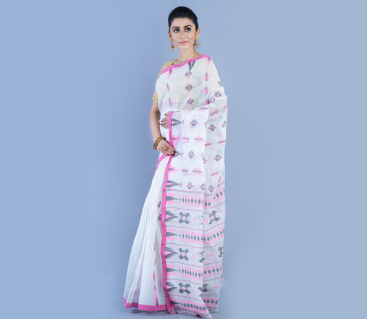 Handloom Saree - Pink & Black Work On White - ArtisanSoul