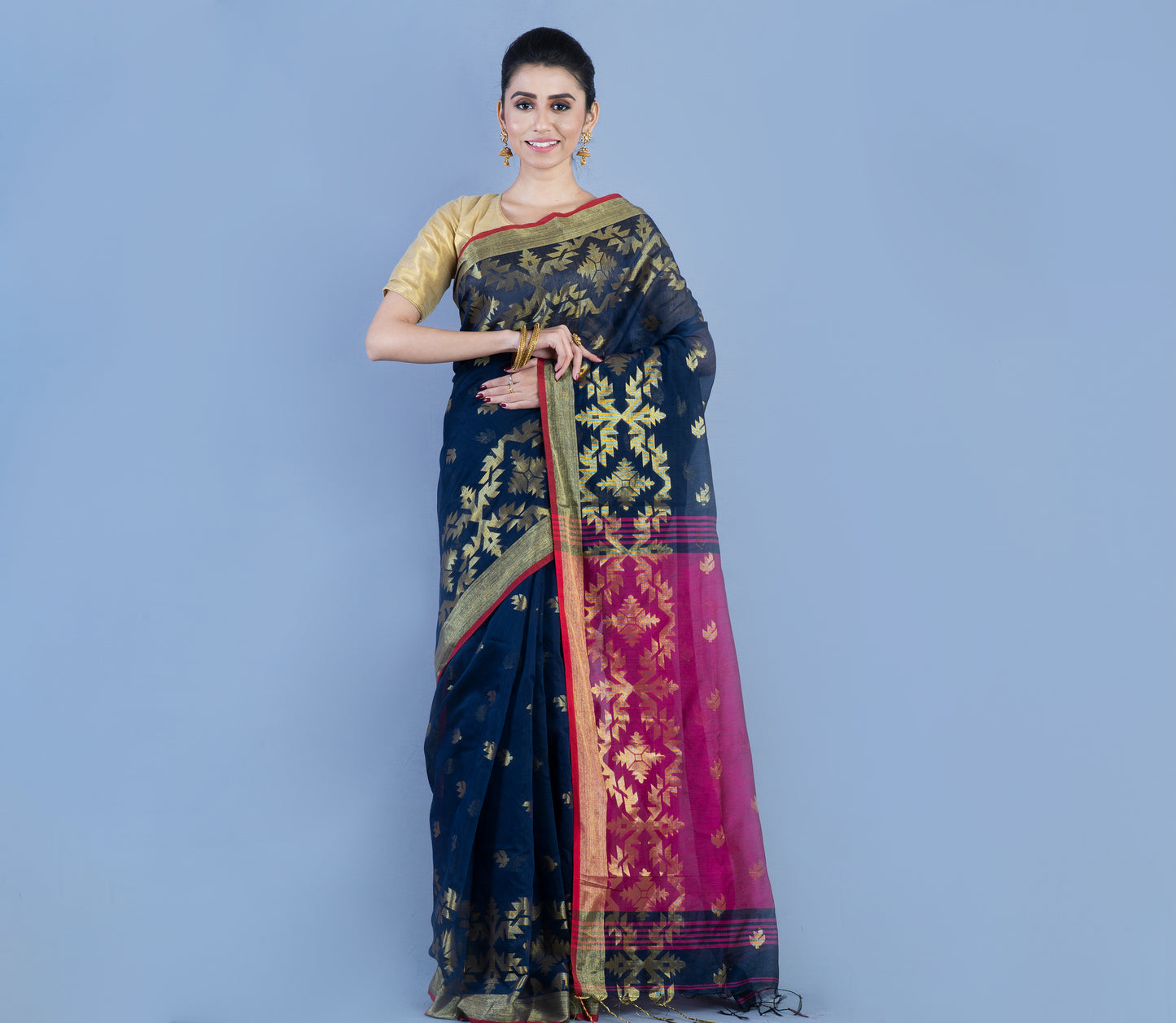 HANDLOOM SAREE WITH WORK ALL OVER THE SAREE - NAVY BLUE AND PURPLE - ArtisanSoul