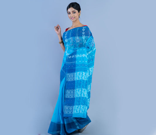 Handloom Jamdani Saree - Sky Blue & Blue - ArtisanSoul