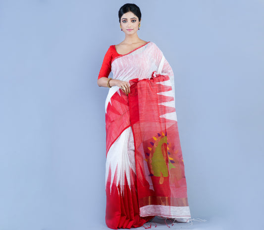 Handloom Gheecha Saree - White & Red - ArtisanSoul