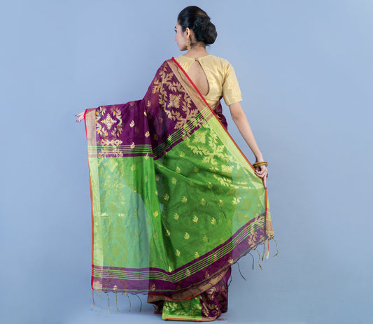 HANDLOOM SAREE WITH WORK ALL OVER THE SAREE - VIOLET AND GREEN - ArtisanSoul