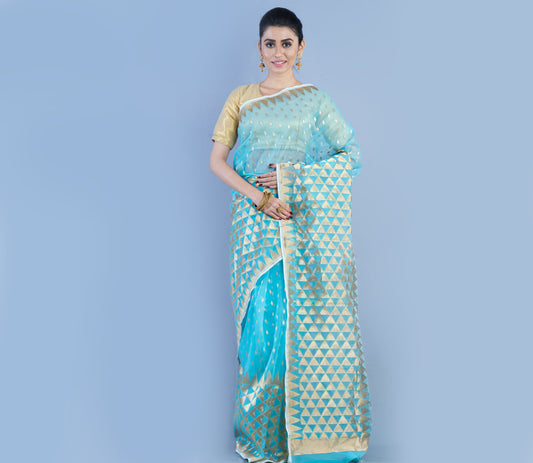 Handloom Muslin Silk Saree With All over Zari Work - Sky Blue - ArtisanSoul