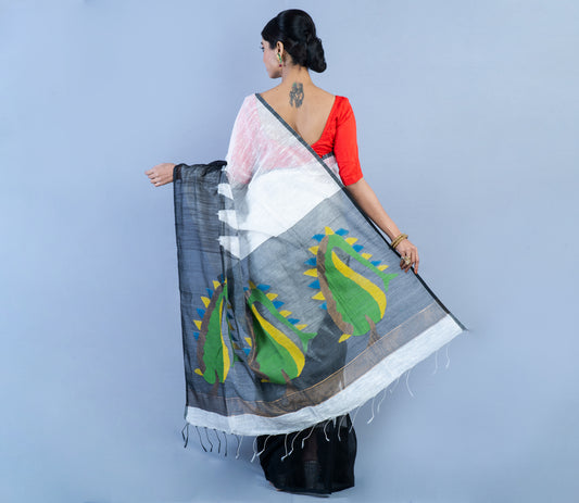 Handloom Gheecha Saree - White & Black - ArtisanSoul