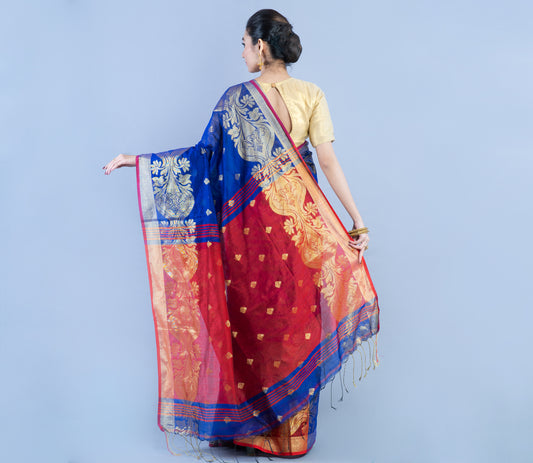 HANDLOOM SAREE WITH WORK ALL OVER THE SAREE - BLUE AND MAROON - ArtisanSoul