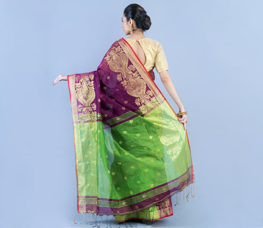 Handloom Saree with all over Zari work - Violet & Green - ArtisanSoul