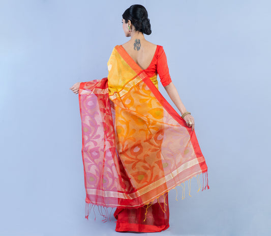 Tant Saree With Zari Work - Yellow and Red - ArtisanSoul