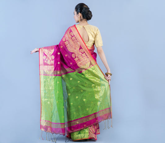 Handloom Saree With all over Zari Work - Purple & Green - ArtisanSoul