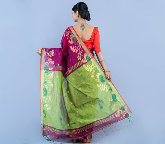 Handloom Saree with all over Zari work on the Saree - Purple and Green - ArtisanSoul