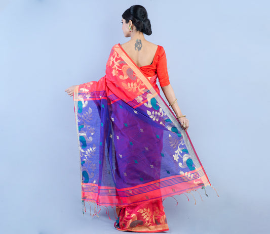 Handloom Saree with all over Zari work on the Saree - Red and Blue - ArtisanSoul