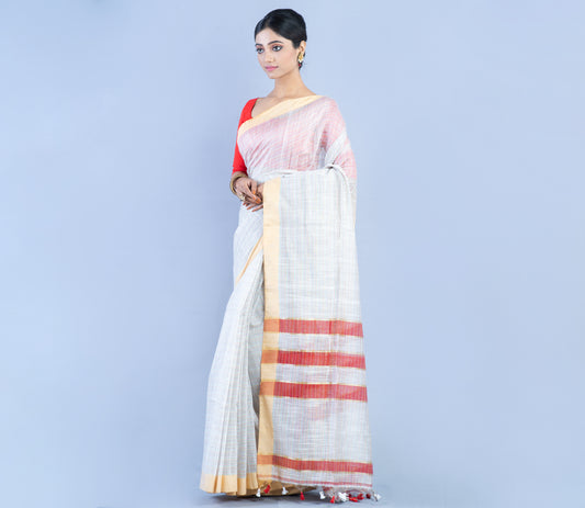 Handloom Cotton Silk Saree - White & Red - ArtisanSoul