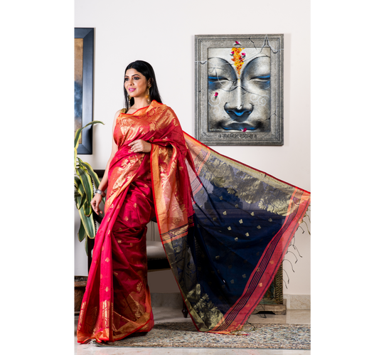 Handloom Saree with Work All Over the Saree - Brick Red and Blue - ArtisanSoul