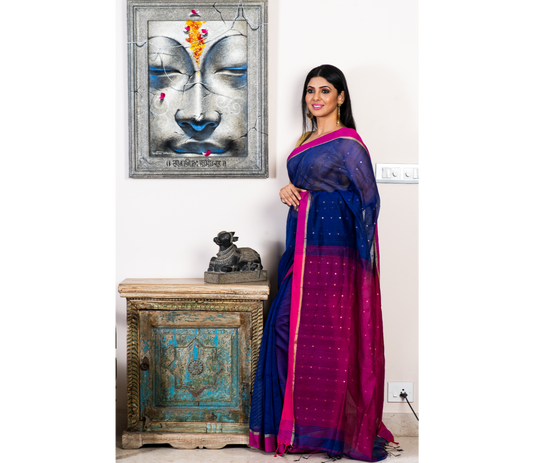 Handloom saree with All Over Chumki Work - Blue and Pink - ArtisanSoul
