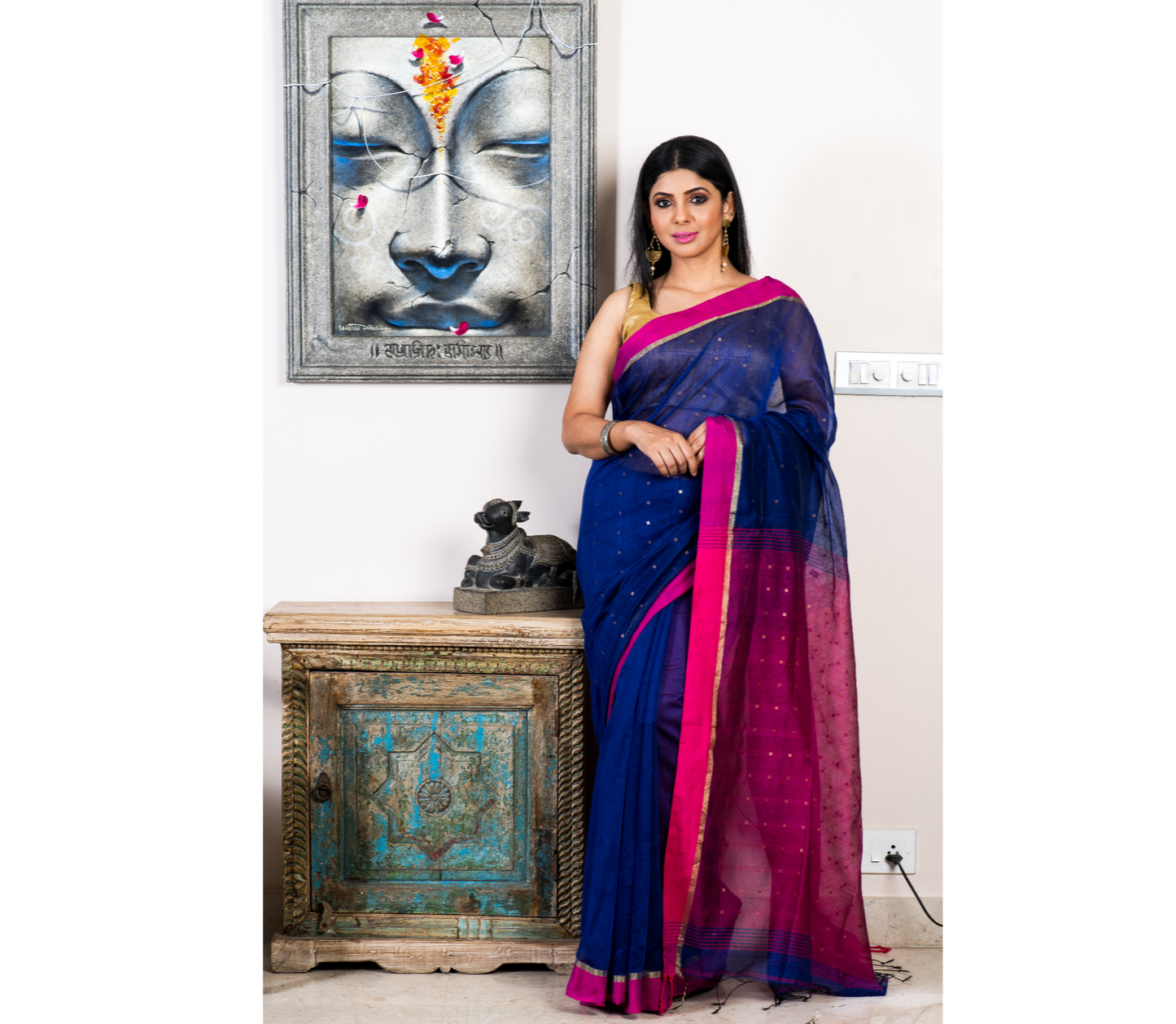 Handloom saree with All Over Chumki Work - Blue and Pink - ArtisanSoul