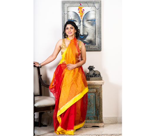 Handloom saree with All Over Chumki Work - Red and Yellow - ArtisanSoul