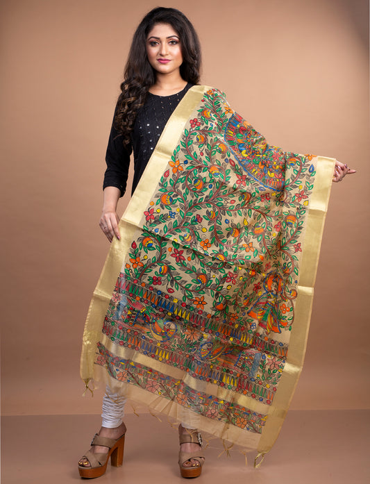 Madhubani Painting Dupatta From Bihar - Beige With Golden Border - ArtisanSoul