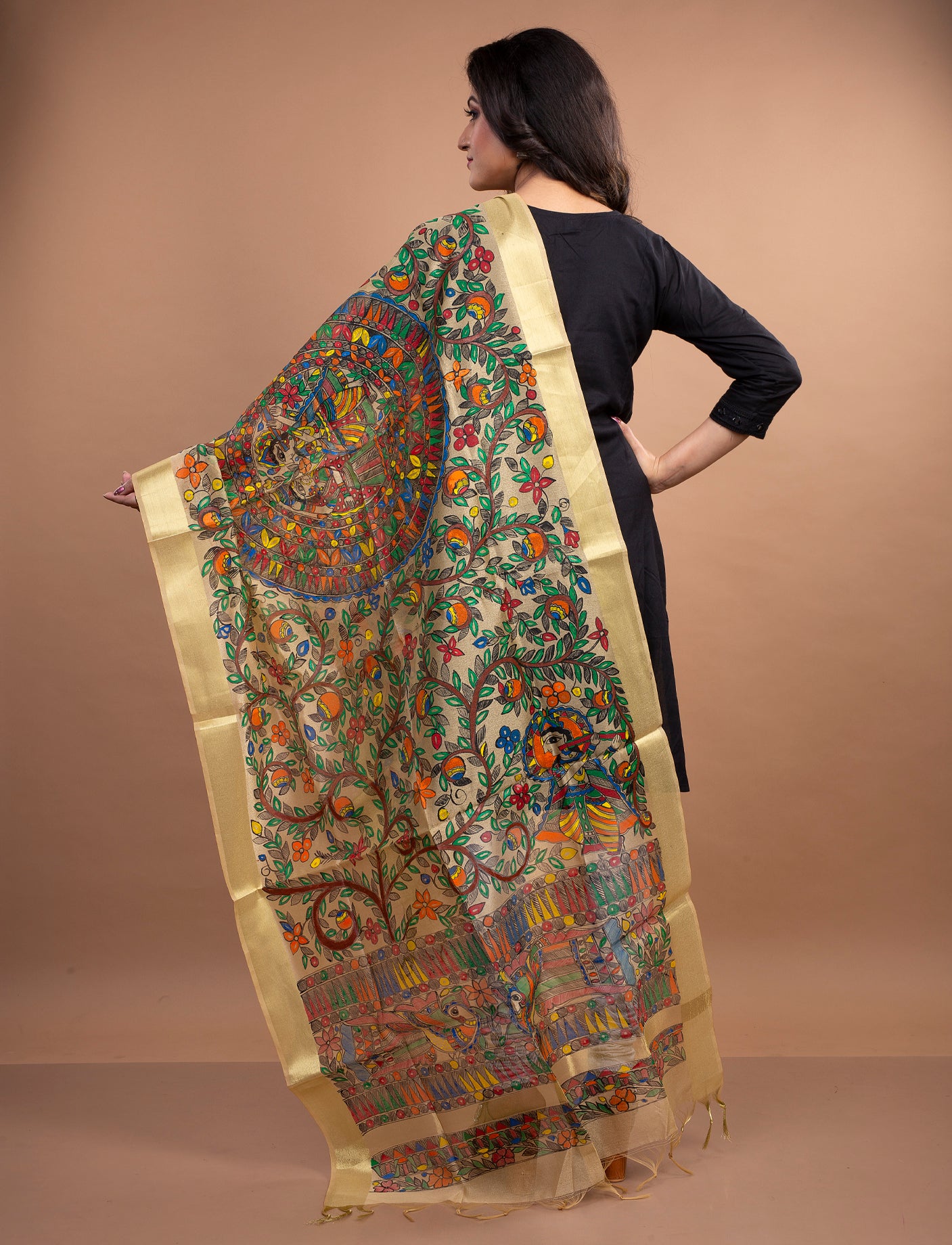 Madhubani Painting Dupatta From Bihar - Beige With Golden Border - ArtisanSoul