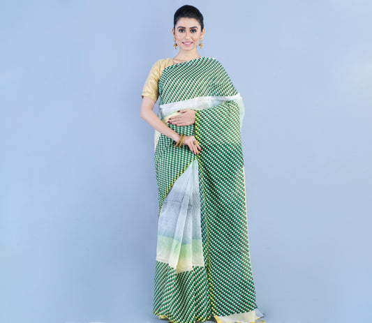 Handloom Cotton Saree - Green & Gray - ArtisanSoul