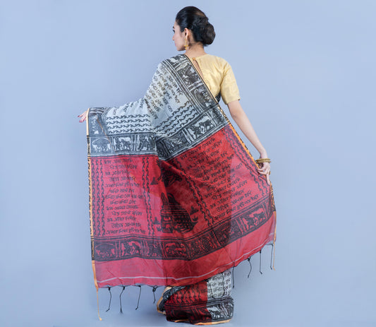 Printed Cotton Silk Saree - Gray & Red - ArtisanSoul